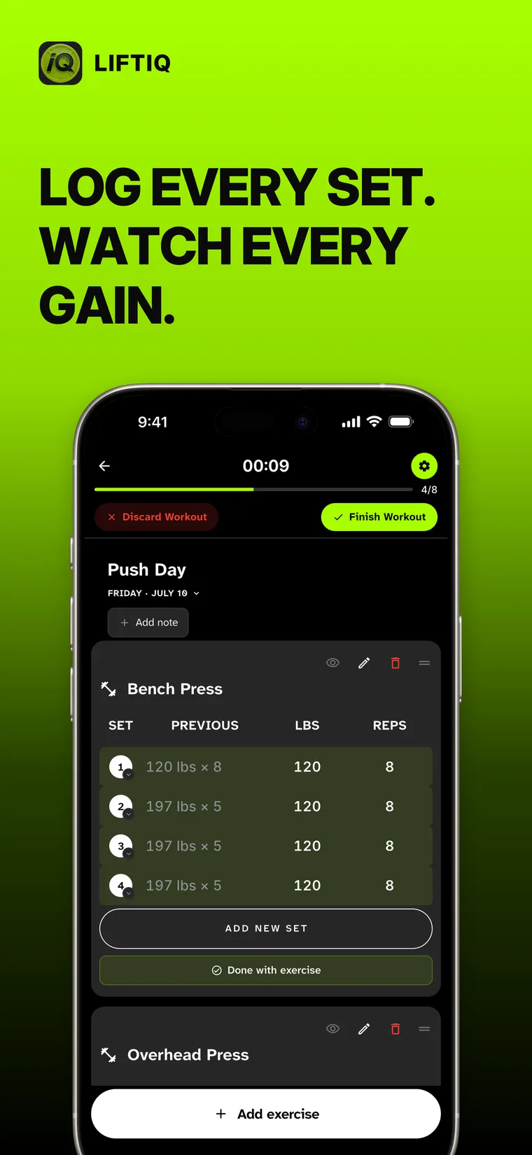 Log every set, watch every gain — an active workout logging weight and reps per set