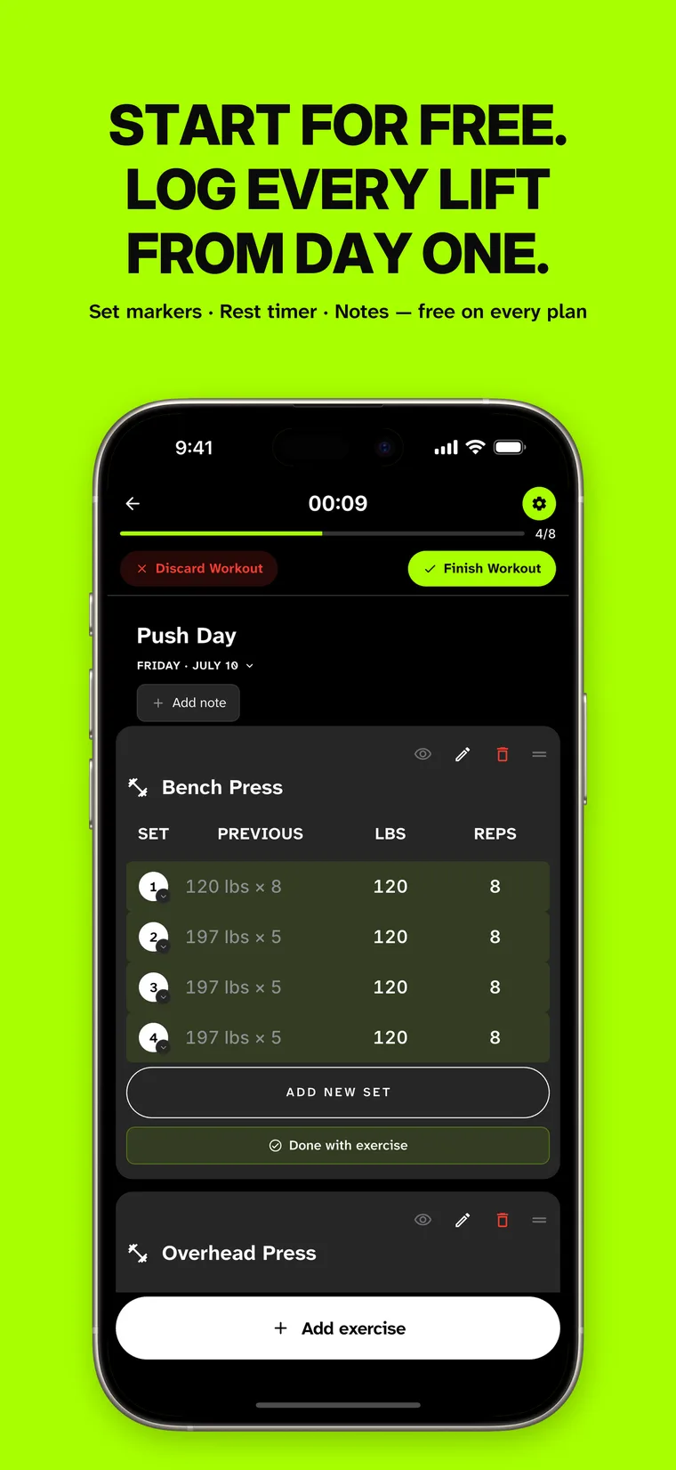 Start for free — set markers, rest timer and notes on every plan