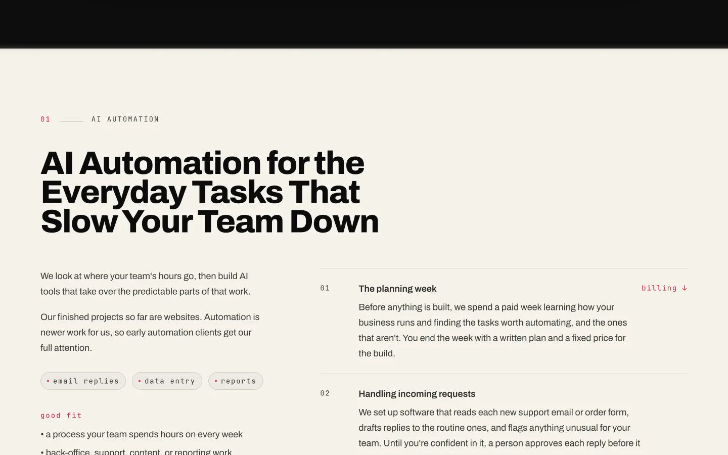 The EternalDev services page: the AI automation section on a cream paper band, its large black headline above a short lede, three mono tags, and numbered capability rows divided by hairline rules.