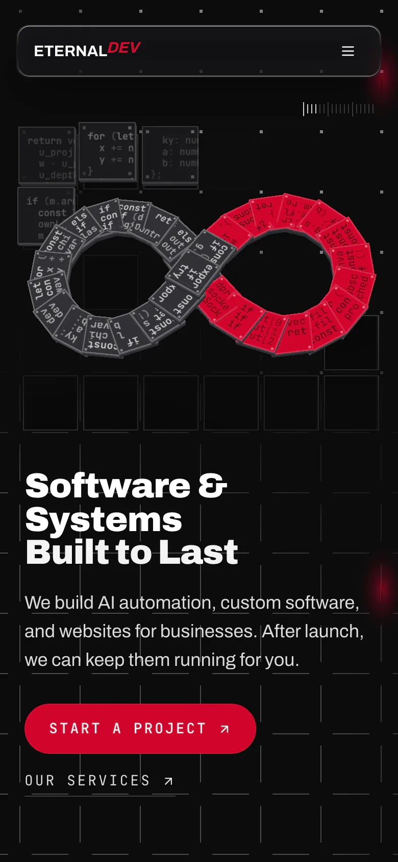The EternalDev homepage at phone width: an infinity sign of small code plates, graphite on one loop and crimson on the other, over the dark grid, above the headline in three lines, a short summary of the studio, and its two calls to action.