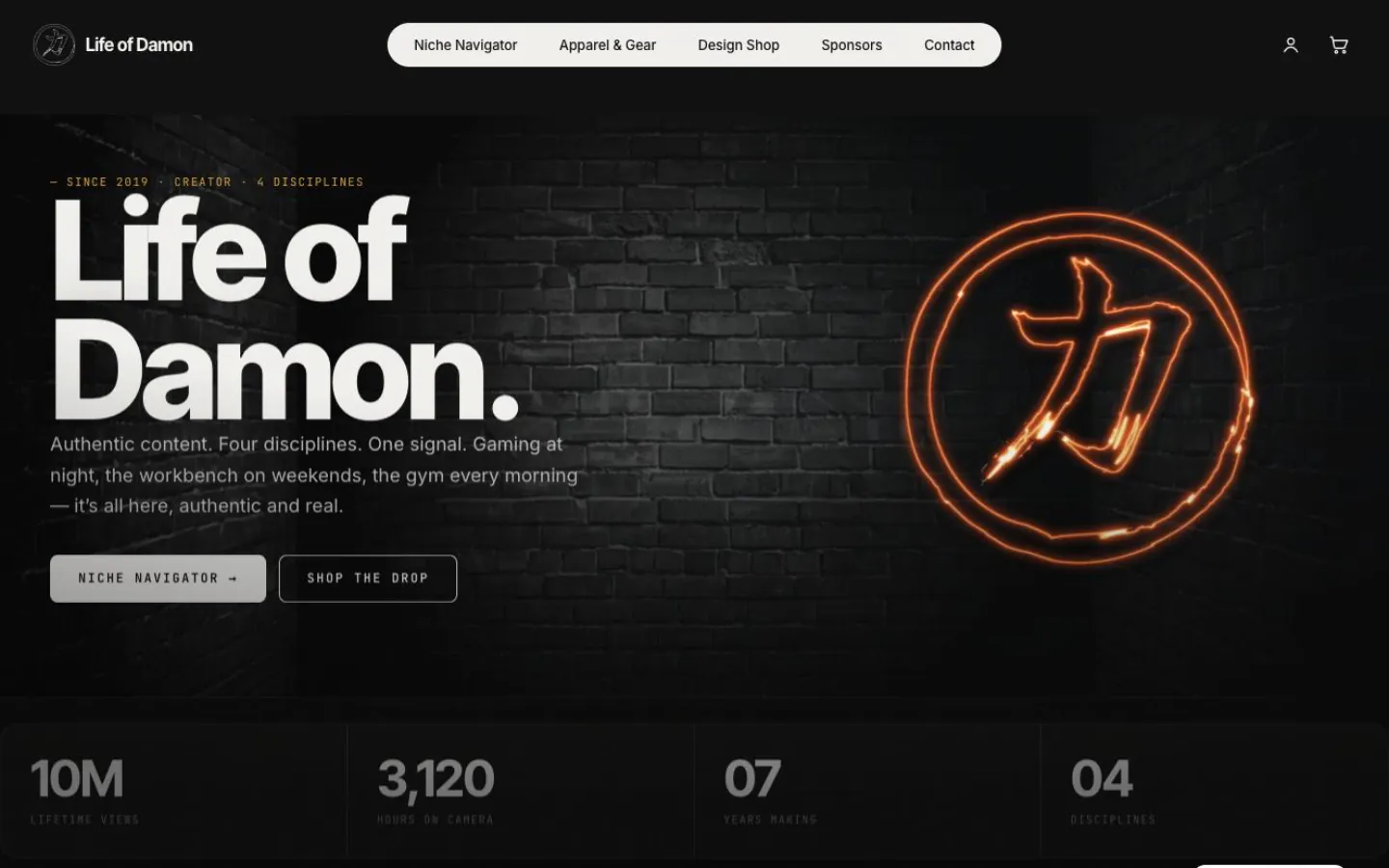 The Life of Damon homepage at desktop width: a neon brand mark over a near-black canvas with very large, tightly tracked display type.